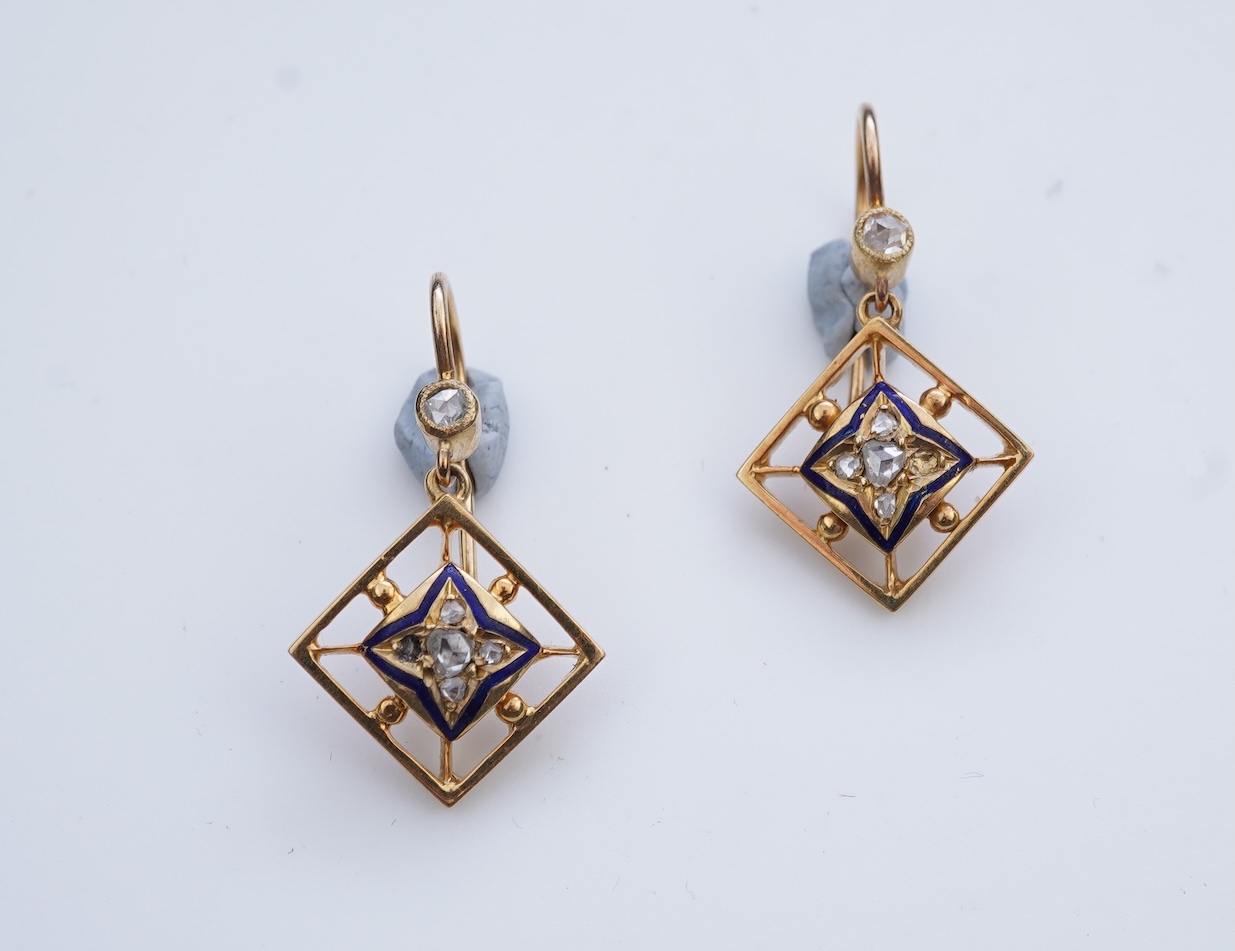 A pair of enamel and diamond earrings, early 20th century composite